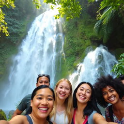 A group of friends standing in front of a majestic waterfall, capturing the moment with a selfie