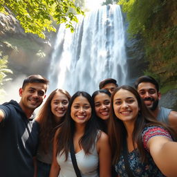 A group of friends standing in front of a majestic waterfall, capturing the moment with a selfie