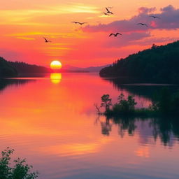 a serene sunset over a tranquil lake, reflecting vibrant hues of orange, pink, and purple, surrounded by lush green forests, with a few birds gracefully flying across the sky