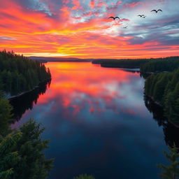 a serene sunset over a tranquil lake, reflecting vibrant hues of orange, pink, and purple, surrounded by lush green forests, with a few birds gracefully flying across the sky