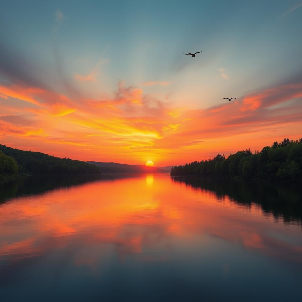 a serene sunset over a tranquil lake, reflecting vibrant hues of orange, pink, and purple, surrounded by lush green forests, with a few birds gracefully flying across the sky