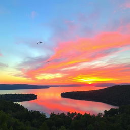 a serene sunset over a tranquil lake, reflecting vibrant hues of orange, pink, and purple, surrounded by lush green forests, with a few birds gracefully flying across the sky