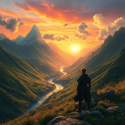 A captivating fantasy landscape showcasing lush green mountains under a setting sun, with a shimmering river winding through the valley