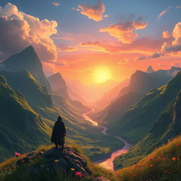 A captivating fantasy landscape showcasing lush green mountains under a setting sun, with a shimmering river winding through the valley