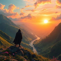 A captivating fantasy landscape showcasing lush green mountains under a setting sun, with a shimmering river winding through the valley