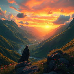 A captivating fantasy landscape showcasing lush green mountains under a setting sun, with a shimmering river winding through the valley