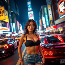 A tanned Japanese woman with medium-sized breasts at an underground car race, full of vibrant energy and excitement