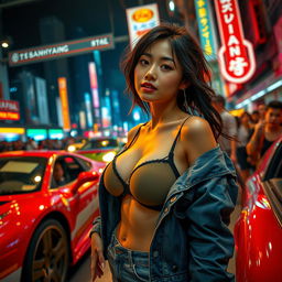 A tanned Japanese woman with medium-sized breasts at an underground car race, full of vibrant energy and excitement