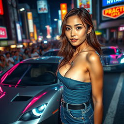 A tanned Japanese woman with medium-sized breasts at an underground car race, full of vibrant energy and excitement