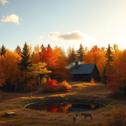 A peaceful, isolated cabin in the woods, surrounded by a beautiful autumn landscape with golden and red leaves