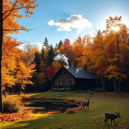 A peaceful, isolated cabin in the woods, surrounded by a beautiful autumn landscape with golden and red leaves