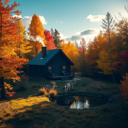 A peaceful, isolated cabin in the woods, surrounded by a beautiful autumn landscape with golden and red leaves