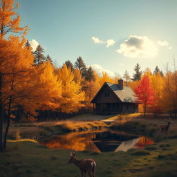 A peaceful, isolated cabin in the woods, surrounded by a beautiful autumn landscape with golden and red leaves