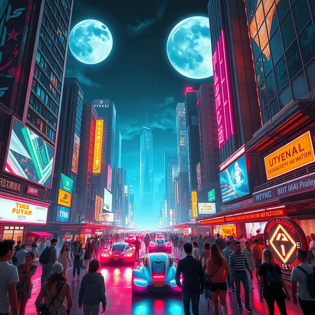 A futuristic cityscape with neon lights and flying cars zooming between skyscrapers, set at night