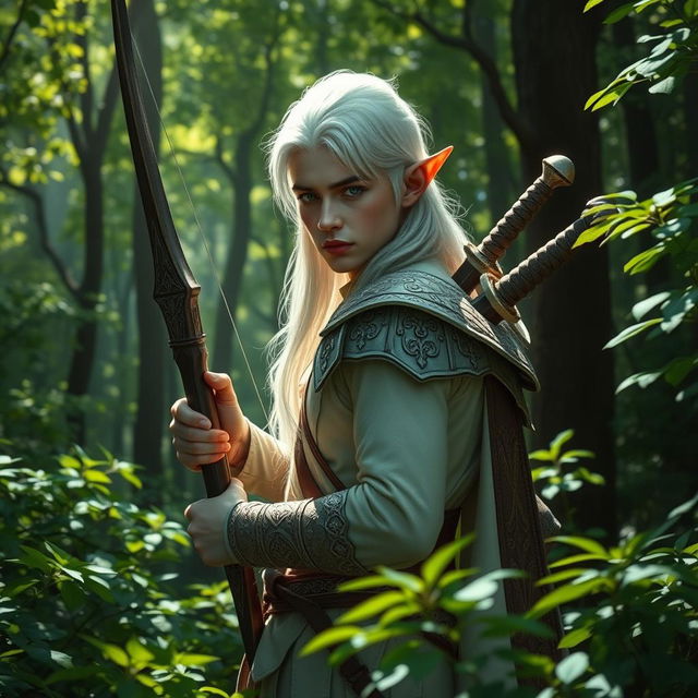 A mystical forest scene featuring a white-haired elf man with pointed ears and piercing green eyes