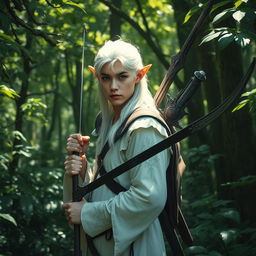 A mystical forest scene featuring a white-haired elf man with pointed ears and piercing green eyes