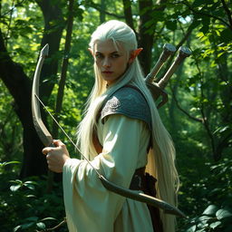 A mystical forest scene featuring a white-haired elf man with pointed ears and piercing green eyes