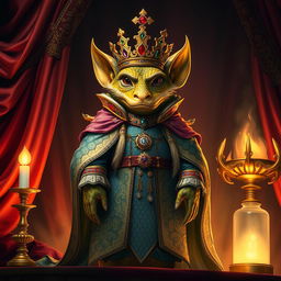 A majestic kobold noble, adorned in intricate royal garb showcasing lavish patterns and vibrant colors