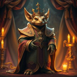 A majestic kobold noble, adorned in intricate royal garb showcasing lavish patterns and vibrant colors