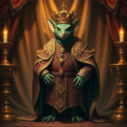 A majestic kobold noble, adorned in intricate royal garb showcasing lavish patterns and vibrant colors