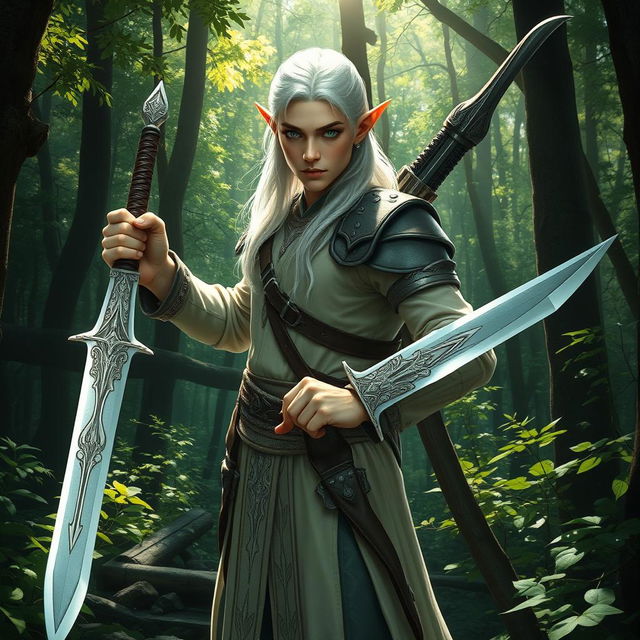 A mystical forest scene featuring a white-haired elf man with pointed ears and piercing green eyes