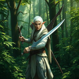 A mystical forest scene featuring a white-haired elf man with pointed ears and piercing green eyes