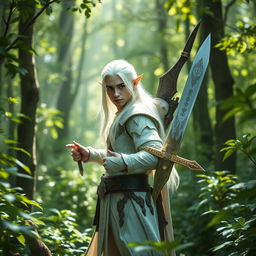 A mystical forest scene featuring a white-haired elf man with pointed ears and piercing green eyes