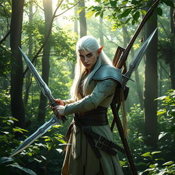 A mystical forest scene featuring a white-haired elf man with pointed ears and piercing green eyes