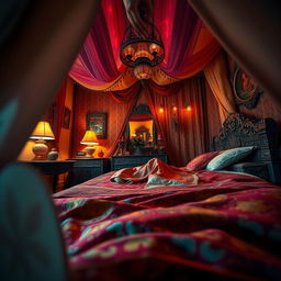 An intimate and sensual Indian bedroom scene from a point of view perspective, featuring beautiful, intricate Indian textiles and decor