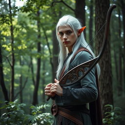 A serene forest setting featuring a white-haired elf man with strikingly pointed ears and expressive eyes