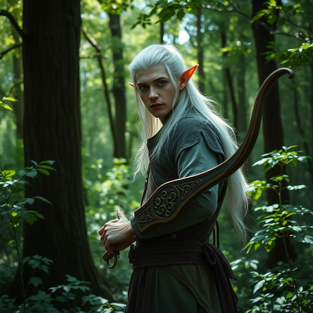 A serene forest setting featuring a white-haired elf man with strikingly pointed ears and expressive eyes