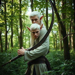 A serene forest setting featuring a white-haired elf man with strikingly pointed ears and expressive eyes