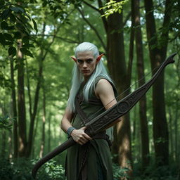 A serene forest setting featuring a white-haired elf man with strikingly pointed ears and expressive eyes