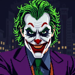 Heath Andrew Ledger portraying the Joker in a pixel art style