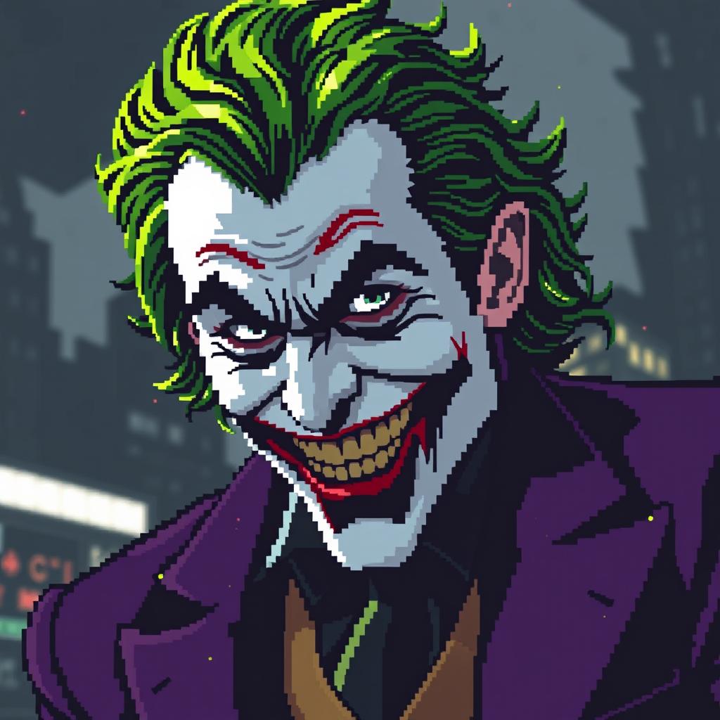 Heath Andrew Ledger portraying the Joker in a pixel art style