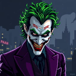 Heath Andrew Ledger portraying the Joker in a pixel art style