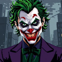 Heath Andrew Ledger portraying the Joker in a pixel art style