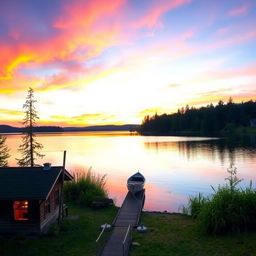 A scenic lakeside view at sunset, featuring a calm lake reflecting the vibrant colors of the sky