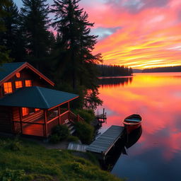 A scenic lakeside view at sunset, featuring a calm lake reflecting the vibrant colors of the sky