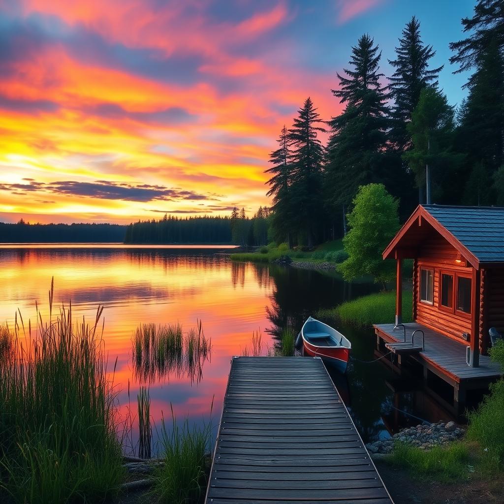 A scenic lakeside view at sunset, featuring a calm lake reflecting the vibrant colors of the sky