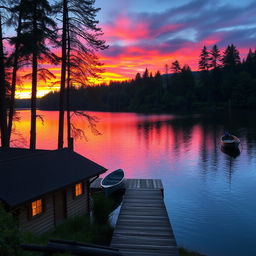 A scenic lakeside view at sunset, featuring a calm lake reflecting the vibrant colors of the sky