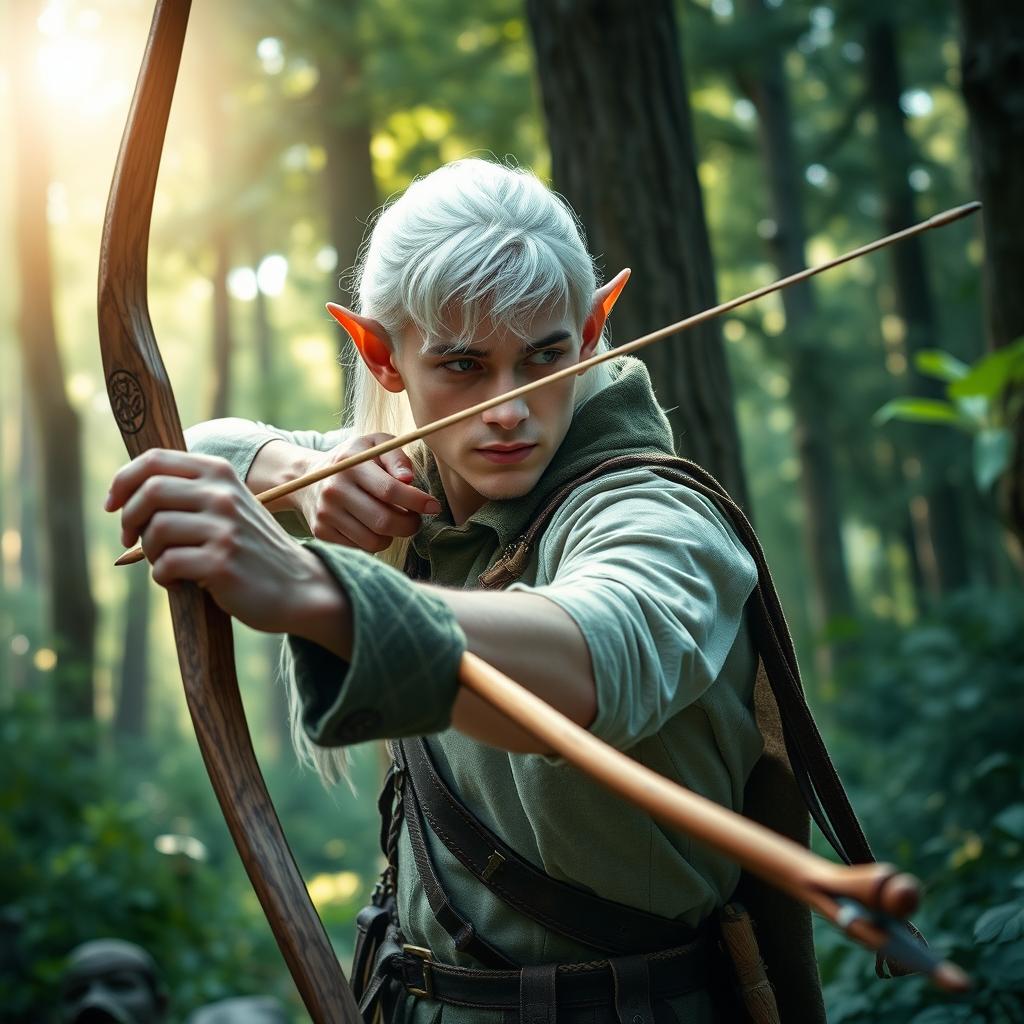 In a vibrant forest atmosphere, a white-haired elf man is caught mid-action, expertly drawing a long bow