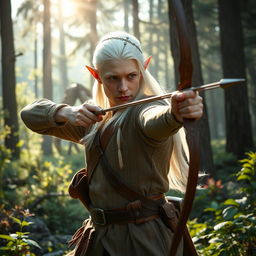 In a vibrant forest atmosphere, a white-haired elf man is caught mid-action, expertly drawing a long bow