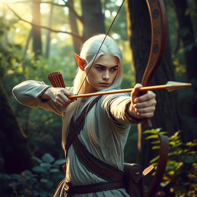 In a vibrant forest atmosphere, a white-haired elf man is caught mid-action, expertly drawing a long bow