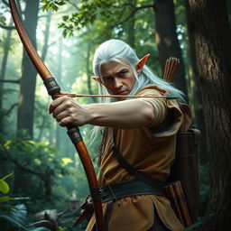 In a vibrant forest atmosphere, a white-haired elf man is caught mid-action, expertly drawing a long bow