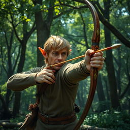 In a mystical forest setting, an elf man is captured in the act of skillfully using a bow