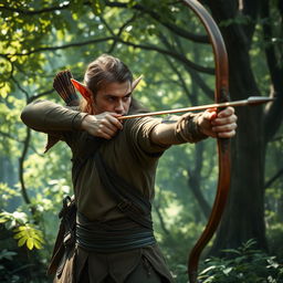 In a mystical forest setting, an elf man is captured in the act of skillfully using a bow