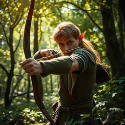 In a mystical forest setting, an elf man is captured in the act of skillfully using a bow