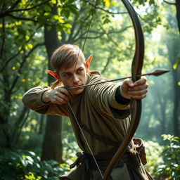 In a mystical forest setting, an elf man is captured in the act of skillfully using a bow