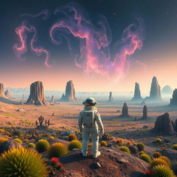 A lone astronaut standing on an alien planet, surrounded by a breathtaking landscape of colorful alien flora and unusual rock formations